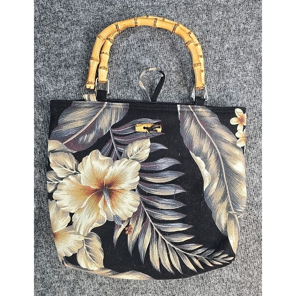 Vintage Mailelani’s Canvas Clutch with Bamboo Wood Handle Round Hawaii Bag